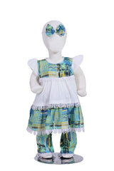 Traditional Baby Girl Outfit – 3-Piece Set with Printed Headband, Frock & Trousers (Blue-Green Pattern)