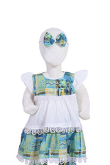 Traditional Baby Girl Outfit – 3-Piece Set with Printed Headband, Frock & Trousers (Blue-Green Pattern)