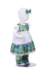 Traditional Baby Girl Outfit – 3-Piece Set with Printed Headband, Frock & Trousers (Blue-Green Pattern)